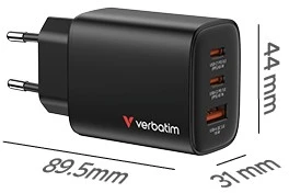 Verbatim GaN Travel Charger Essentials 65W, 2×USB-C PD, 1×USB-A QC, EU Plug, Juodas