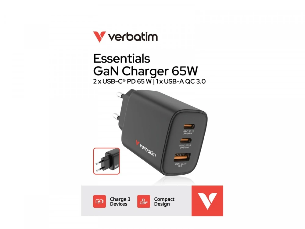 Verbatim GaN Travel Charger Essentials 65W, 2×USB-C PD, 1×USB-A QC, EU Plug, Juodas