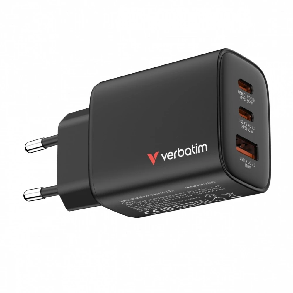 Verbatim GaN Travel Charger Essentials 65W, 2×USB-C PD, 1×USB-A QC, EU Plug, Juodas