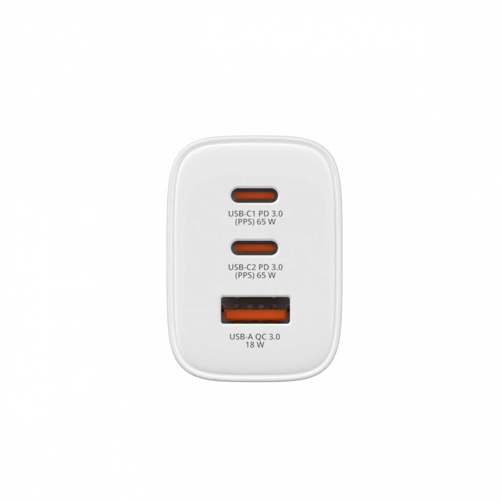 Verbatim GaN Travel Charger Essentials 65W, 2×USB-C PD, 1×USB-A QC, EU Plug, Baltas