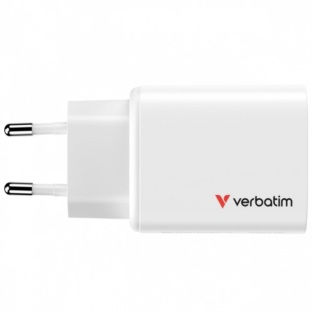 Verbatim GaN Travel Charger Essentials 65W, 2×USB-C PD, 1×USB-A QC, EU Plug, Baltas