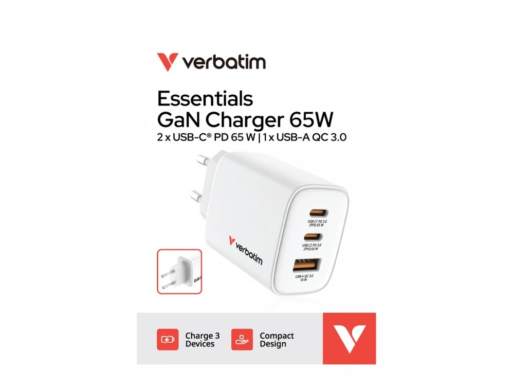 Verbatim GaN Travel Charger Essentials 65W, 2×USB-C PD, 1×USB-A QC, EU Plug, Baltas
