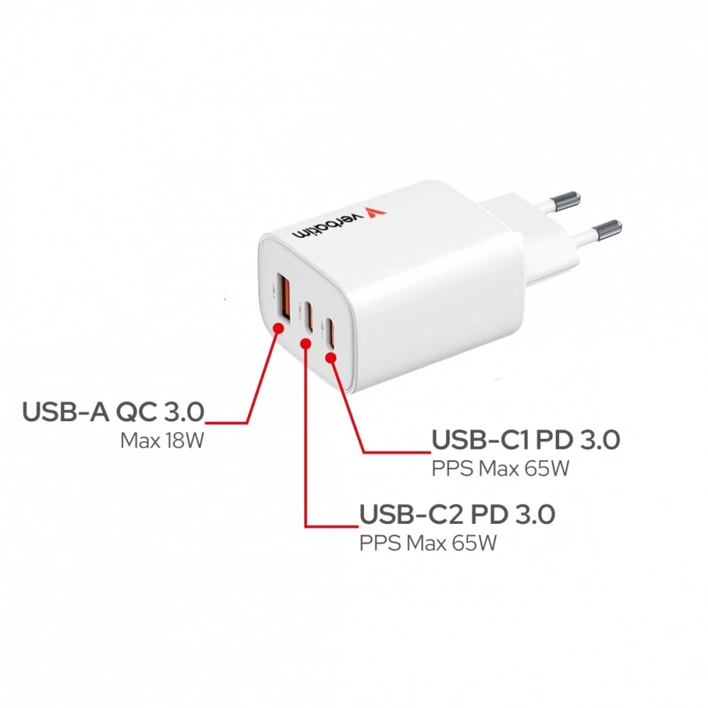 Verbatim GaN Travel Charger Essentials 65W, 2×USB-C PD, 1×USB-A QC, EU Plug, Baltas