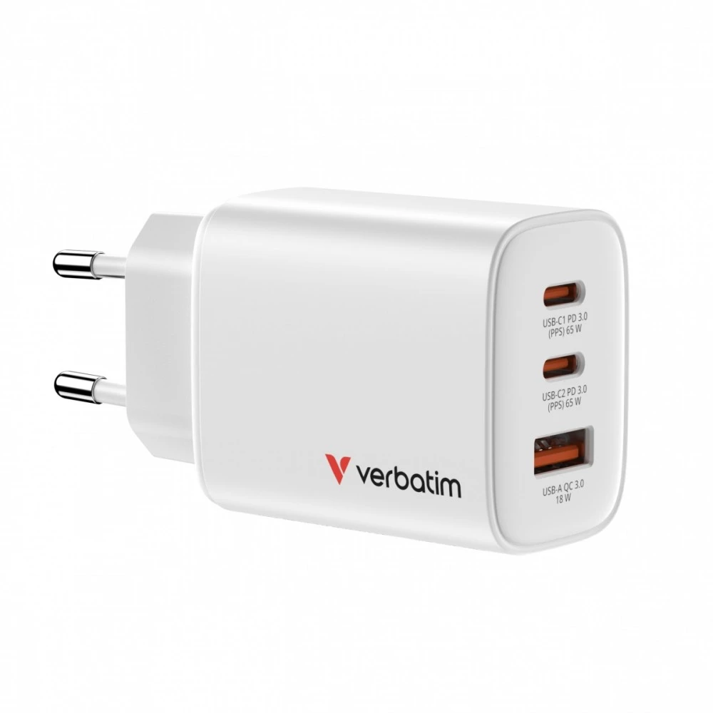 Verbatim GaN Travel Charger Essentials 65W, 2×USB-C PD, 1×USB-A QC, EU Plug, Baltas