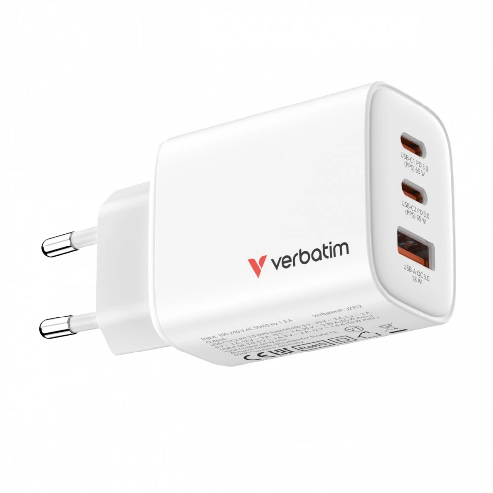 Verbatim GaN Travel Charger Essentials 65W, 2×USB-C PD, 1×USB-A QC, EU Plug, Baltas