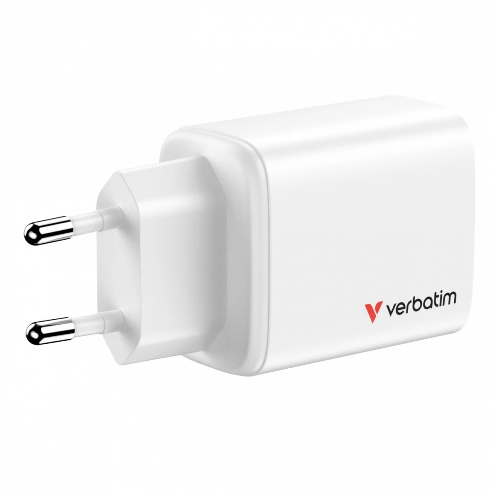 Verbatim GaN Travel Charger Essentials 65W, 2×USB-C PD, 1×USB-A QC, EU Plug, Baltas