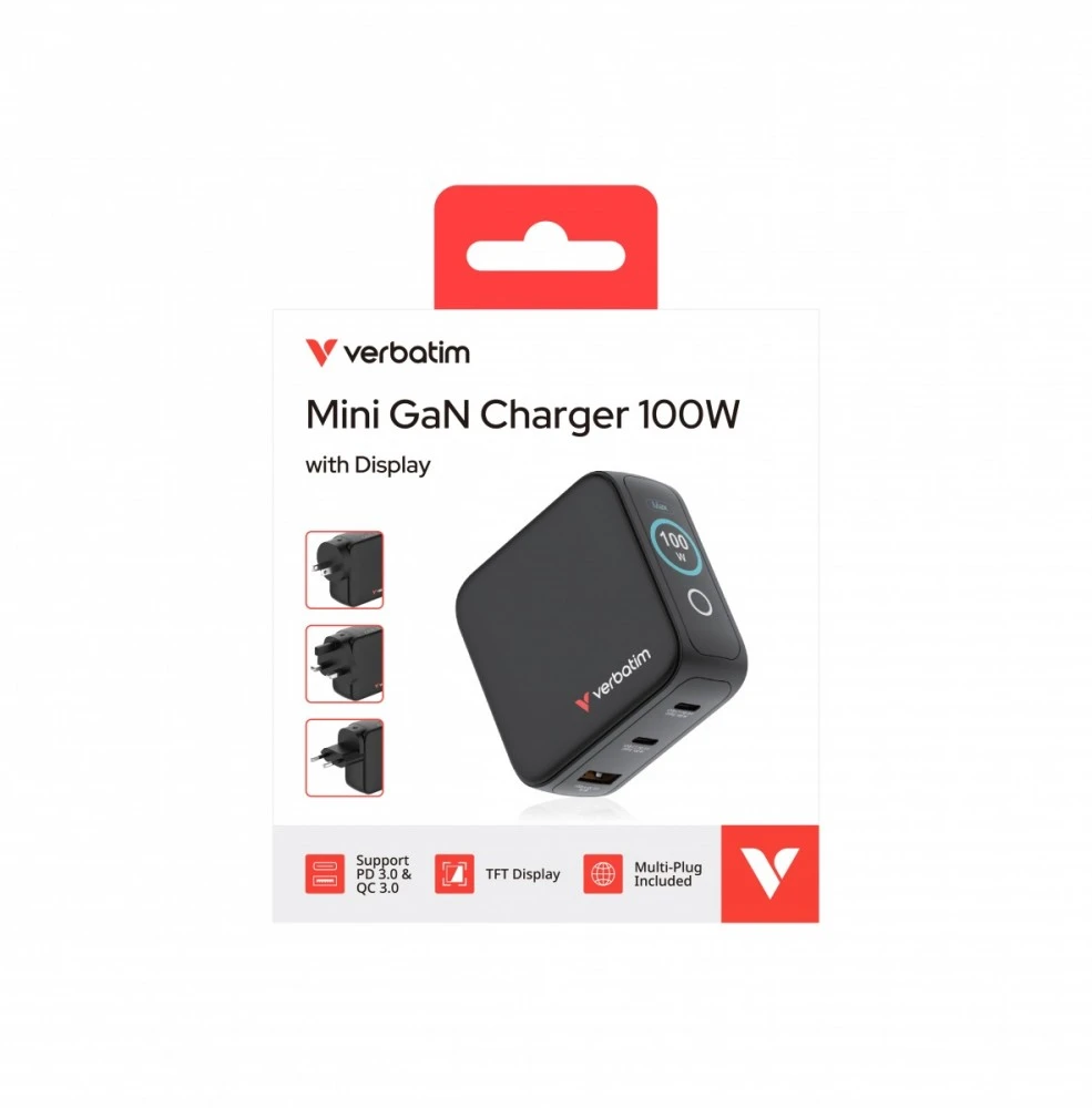 Verbatim Mini GaN Charger 100W with Ekranas, 2× USB-C PD, 1× USB-A QC 3.0, Juodas