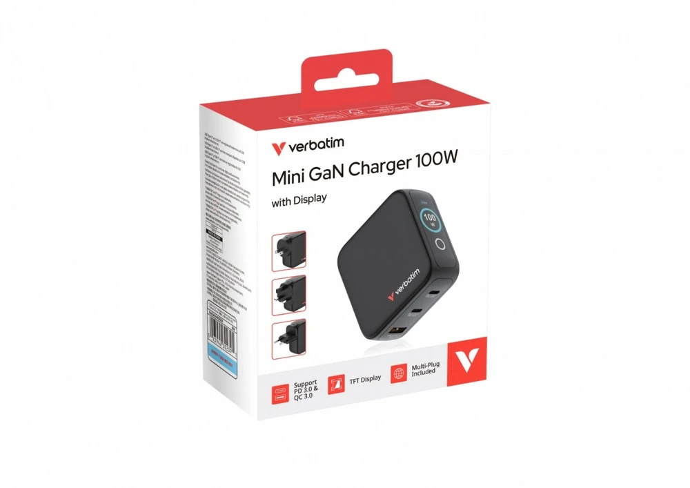Verbatim Mini GaN Charger 100W with Ekranas, 2× USB-C PD, 1× USB-A QC 3.0, Juodas