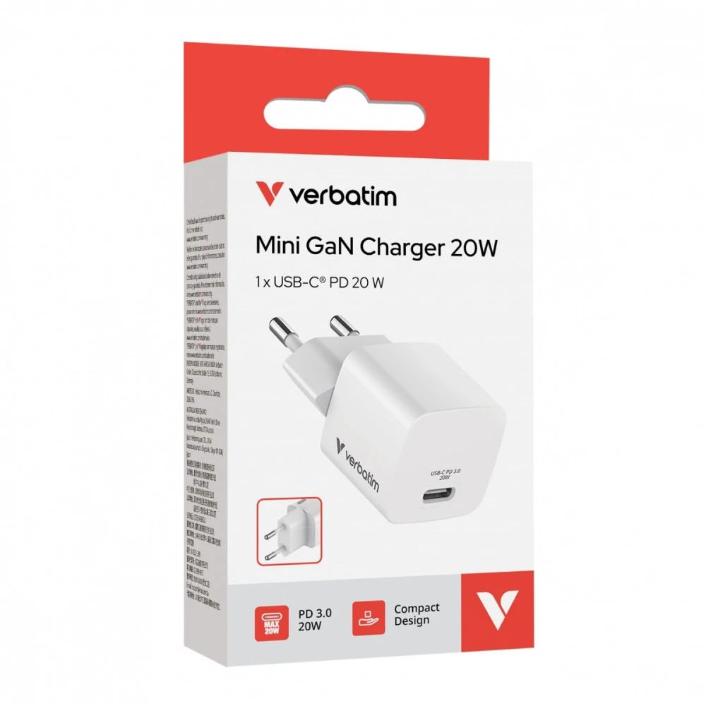 Verbatim, Įkroviklis Mini GaN 1 x USB-C, balta, 20 W, skirtas naudoti patalpose