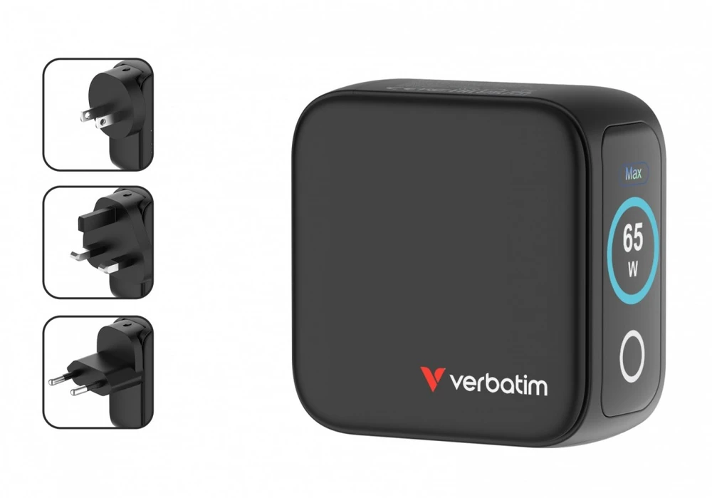 Verbatim Mini GaN mains charger 65W 2xUSB-C PD/1x USB-A QC EU/UK/USA adapter juodos spalvos 30238