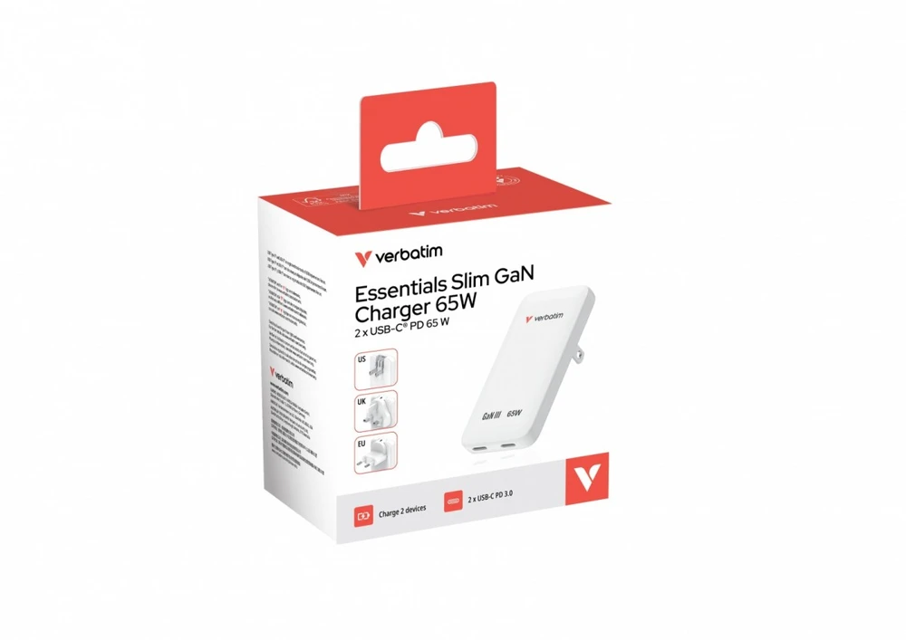 Verbatim, Įkroviklis Essentials Slim GaN USB-C1 PD 3.0 , USB-C2 PD 3.0, balta, 65W