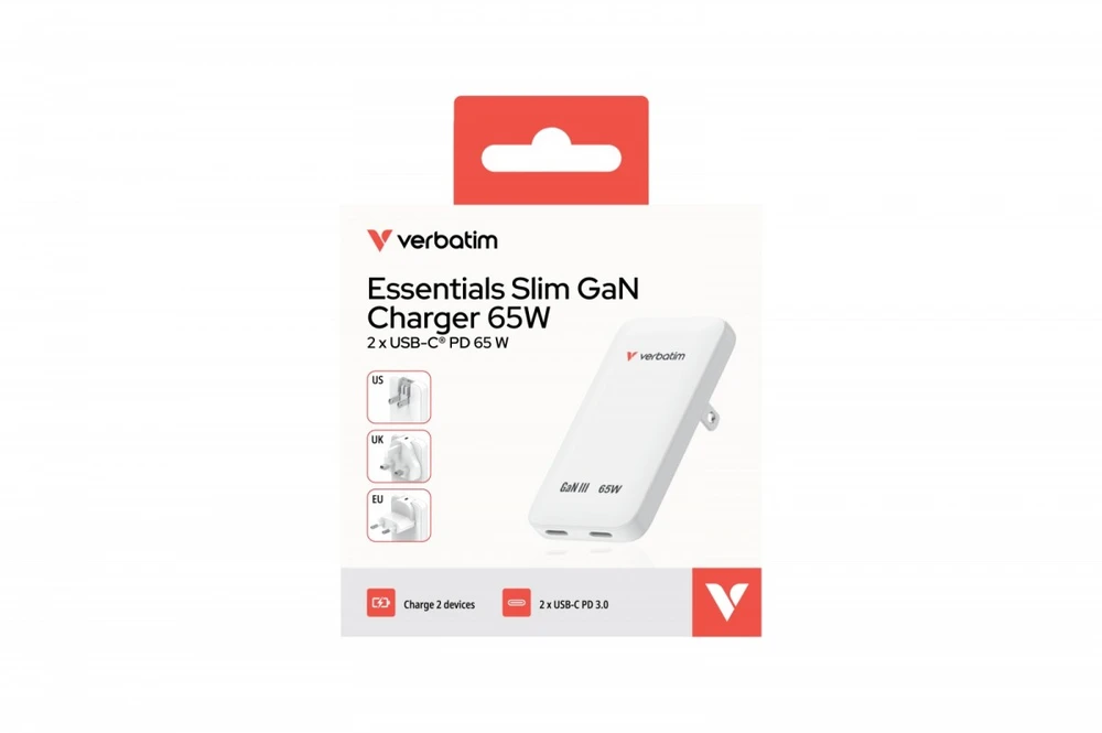 Verbatim, Įkroviklis Essentials Slim GaN USB-C1 PD 3.0 , USB-C2 PD 3.0, balta, 65W