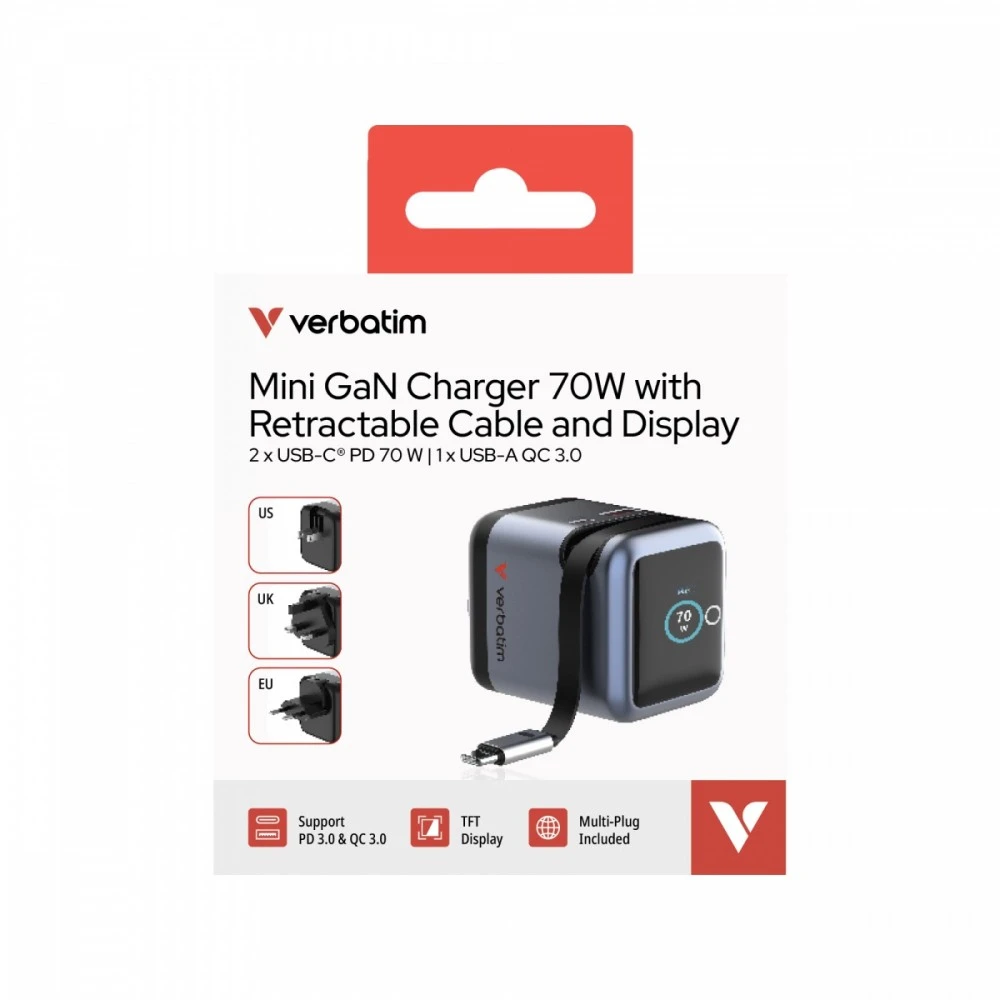 Verbatim Įkroviklis smart mini gan 70w wysuwany kabelis usb-c eu, uk, usa