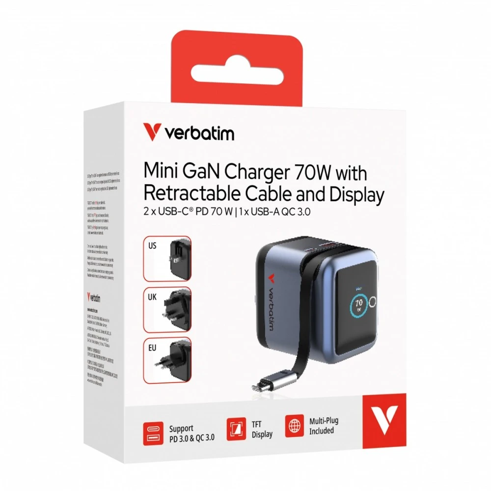 Verbatim Įkroviklis smart mini gan 70w wysuwany kabelis usb-c eu, uk, usa
