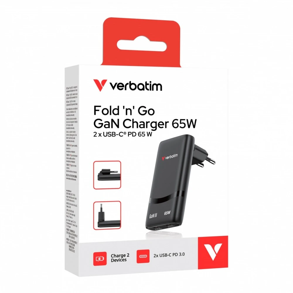 Verbatim GaN kelioninis įkroviklis „Fold ‘n’ Go“ 65W, 2×USB-C PD ES kištukas, Juodas
