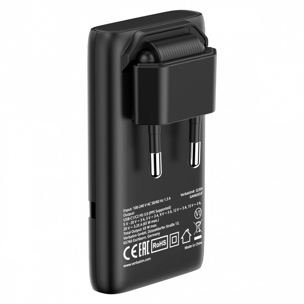 Verbatim GaN kelioninis įkroviklis „Fold ‘n’ Go“ 65W, 2×USB-C PD ES kištukas, Juodas