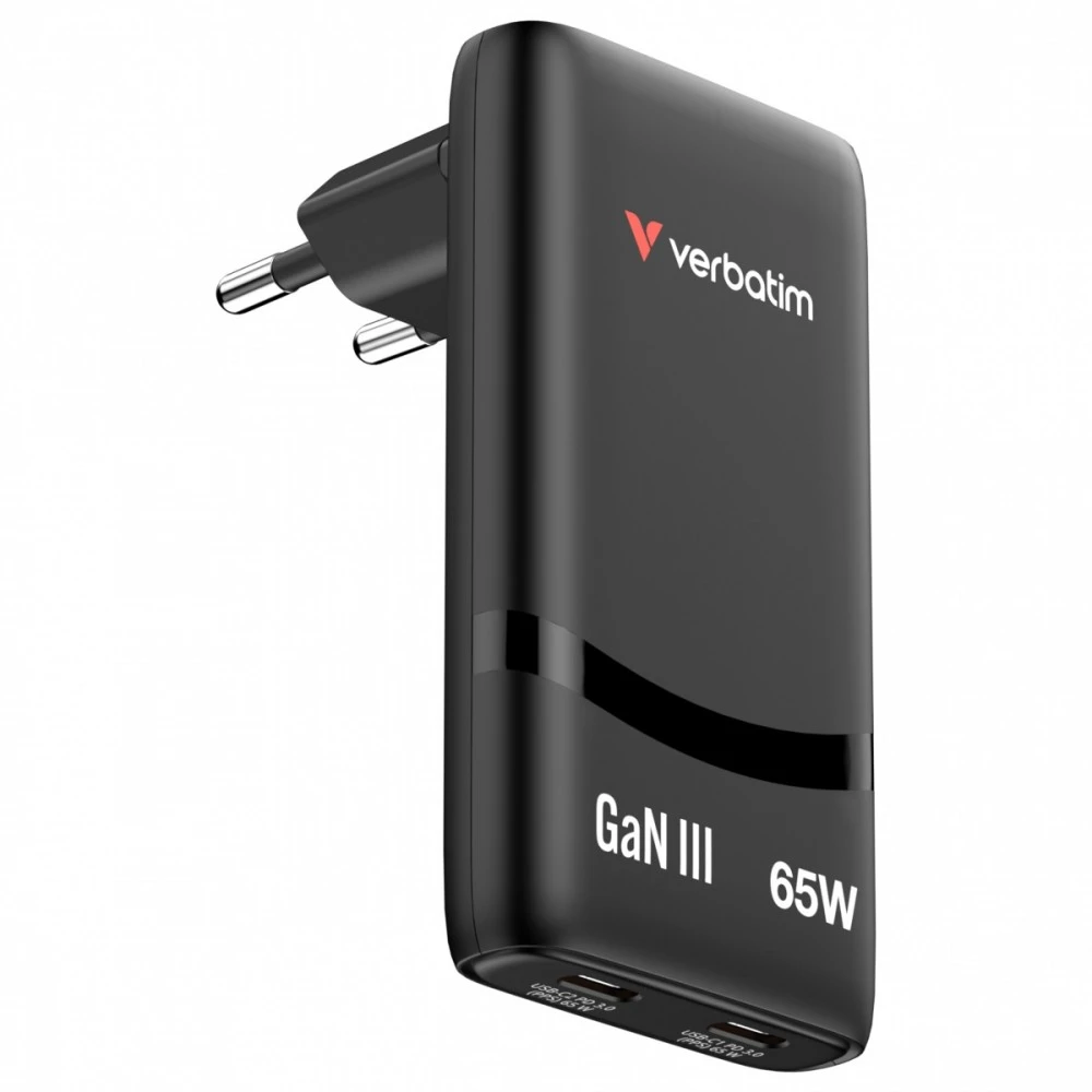Verbatim GaN kelioninis įkroviklis „Fold ‘n’ Go“ 65W, 2×USB-C PD ES kištukas, Juodas