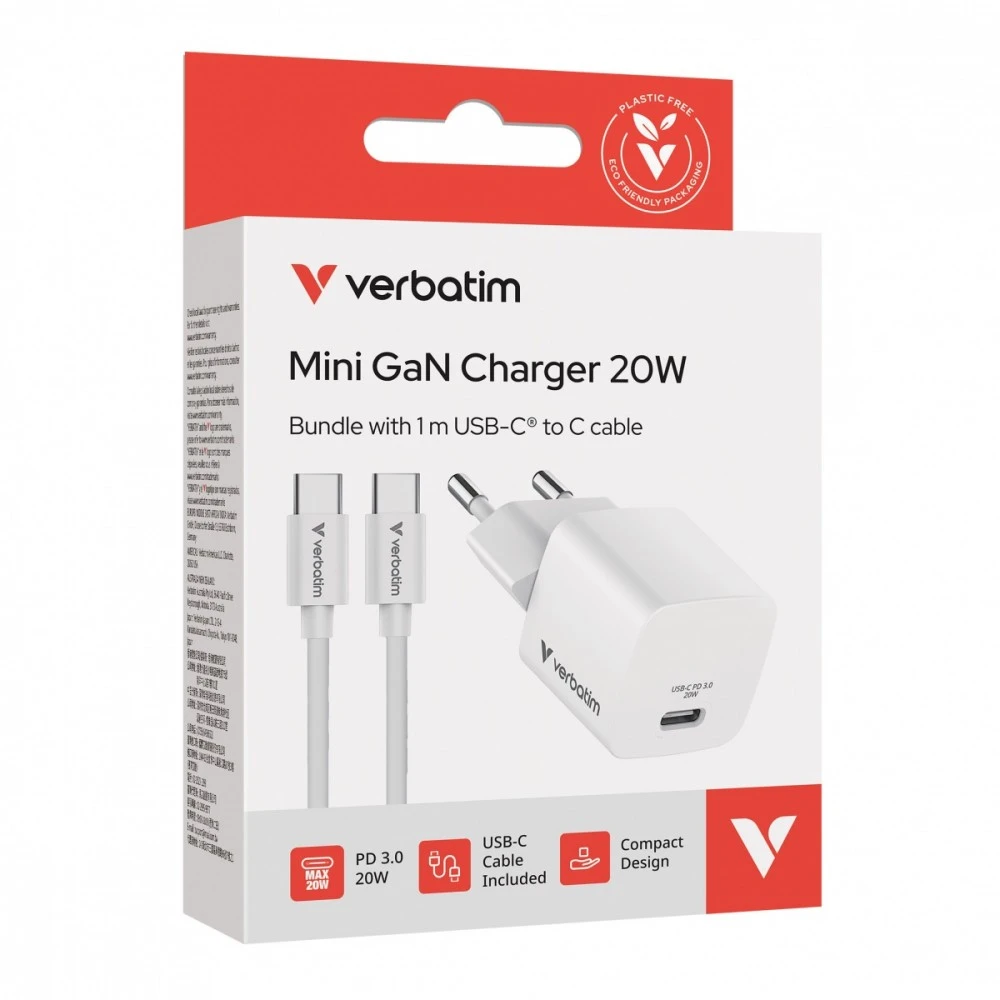Verbatim, Įkroviklis Mini GaN su kablem 1 x USB-C, balta, 20 W, Power Delivery 3.0