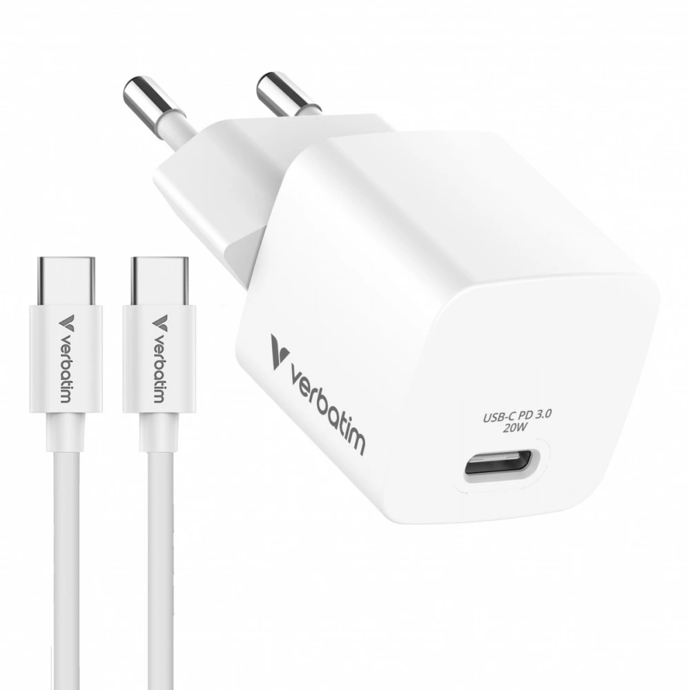 Verbatim, Įkroviklis Mini GaN su kablem 1 x USB-C, balta, 20 W, Power Delivery 3.0