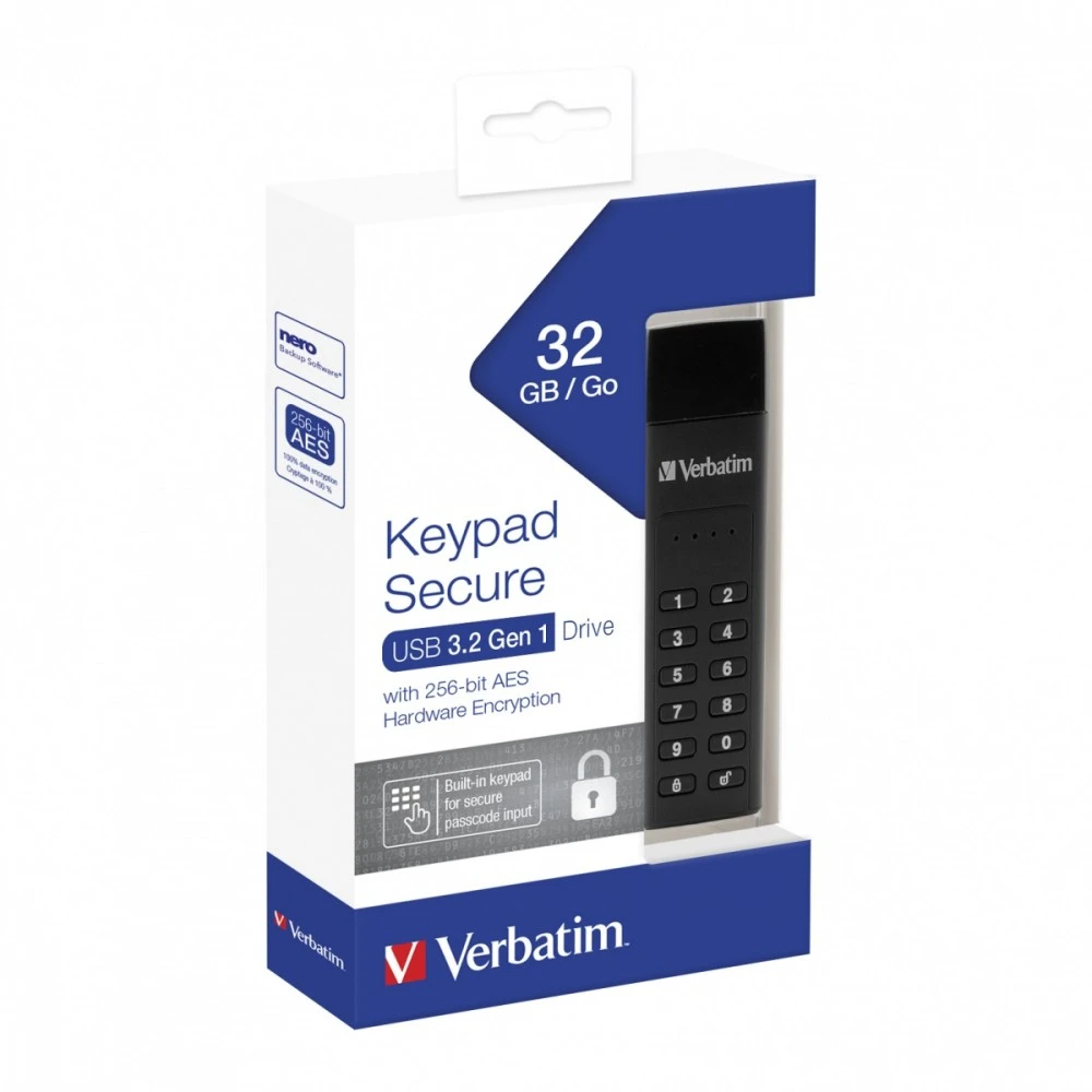 Išorinis diskas Verbatim klaviatūra Secure USB 3.2 Gen 1 32GB juodos spalvos 49427