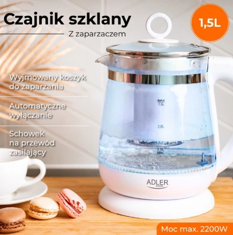 Adler | Virdulys | AD 1299 | Electric | 2200 W | 1.5 L | Glass | 360° rotational base | Juodas