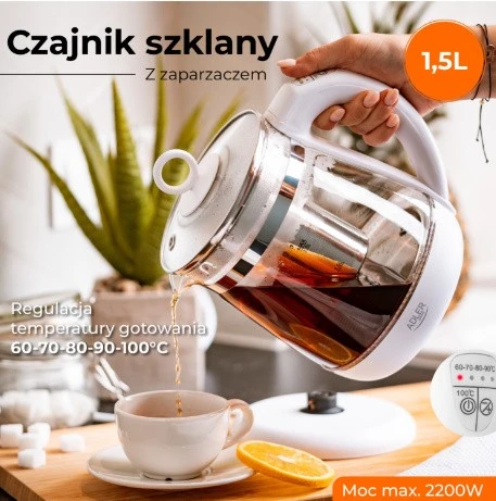 Adler | Virdulys | AD 1299 | Electric | 2200 W | 1.5 L | Glass | 360° rotational base | Juodas