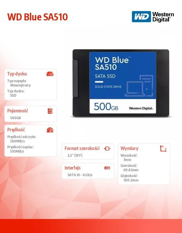 WD Mėlyna SA510 SSD 500GB SATA III 6Gb/s korpuse, 2.5" 7mm vidinėje dalyje, vienoje pakuotėje, maitinamas „SANDISK“