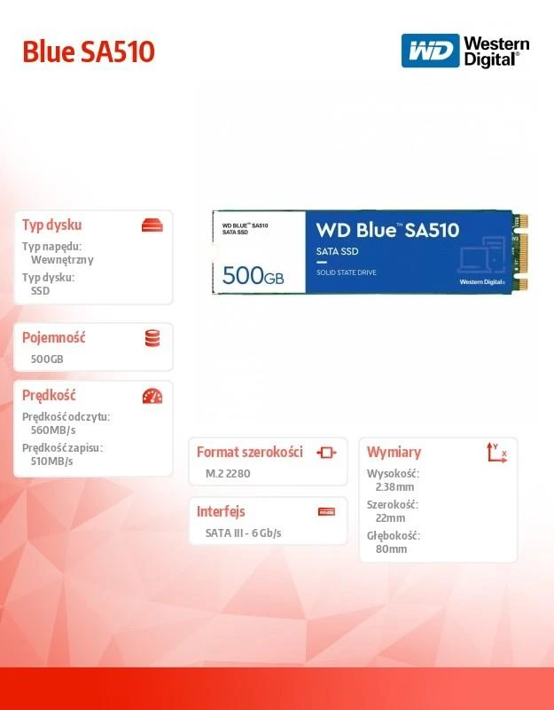 WD Mėlyna SA510 SSD 500GB M.2 2280 SATA III 6Gb/s vidinis, vienos pakuotės, maitinamas „SANDISK“