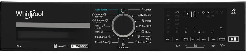 Whirlpool | Skalbimo mašina | WPM 07W ADS EE | Front loading | Energy efficiency class A | Skalbimo talpa 10 kg | 1400 RPM | Gylis 58 cm | Plotis 60 cm | Ekranas | Digital | Steam function | Baltas
