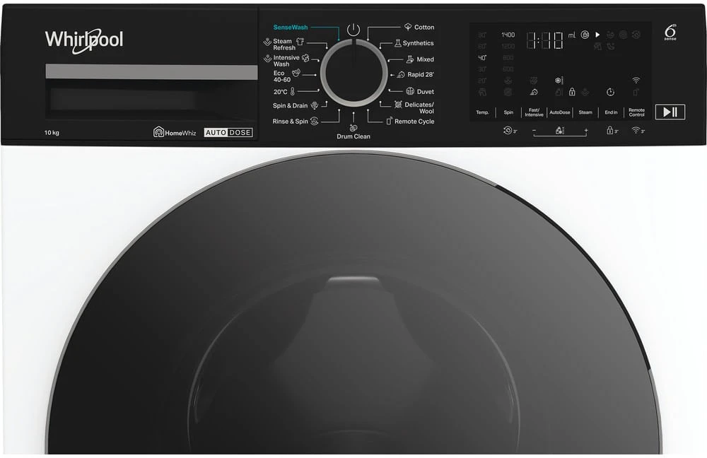 Whirlpool | Skalbimo mašina | WPM 07W ADS EE | Front loading | Energy efficiency class A | Skalbimo talpa 10 kg | 1400 RPM | Gylis 58 cm | Plotis 60 cm | Ekranas | Digital | Steam function | Baltas