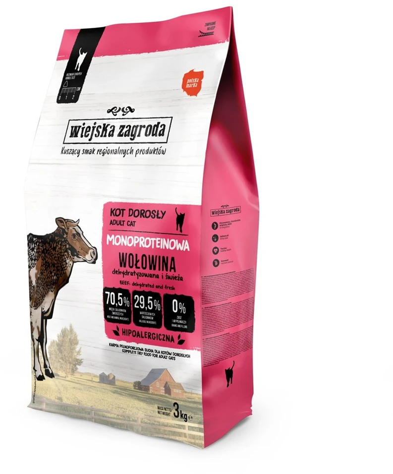 Kačių Maistas - WIEJSKA ZAGRODA Monoproteininis Jautienos Sausas 3kg 43% Baltymų Be Glitimo
