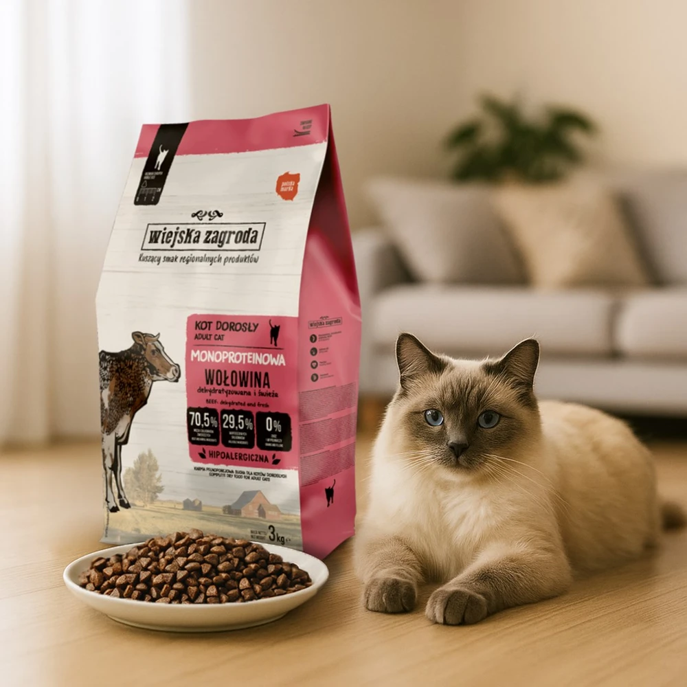 Kačių Maistas - WIEJSKA ZAGRODA Monoproteininis Jautienos Sausas 3kg 43% Baltymų Be Glitimo
