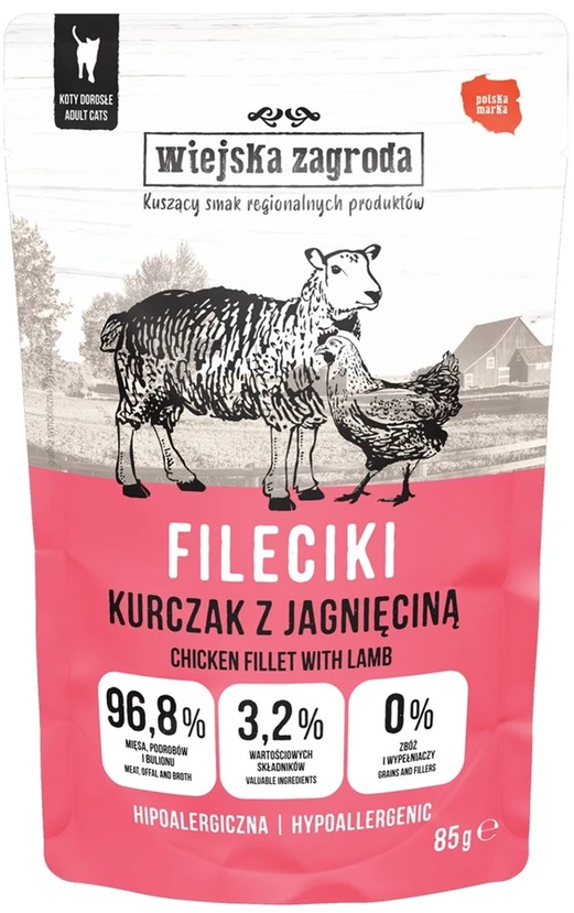 VILLAGE FARM vištiena Filė su ėriena – šlapias katėms skirtas ėdalas – 85 g