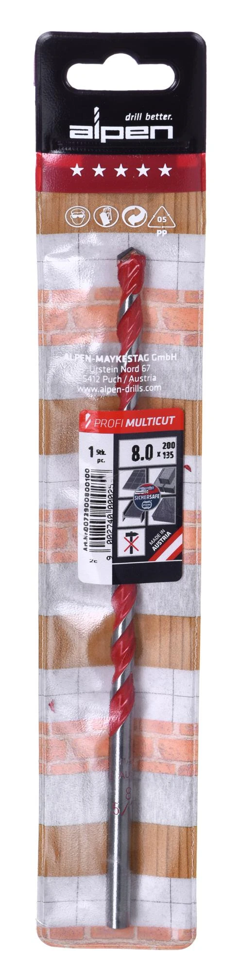 Alpen grąžtas Universalus grąžtas MultiCut; 8,0 mm ALPEN 729008001