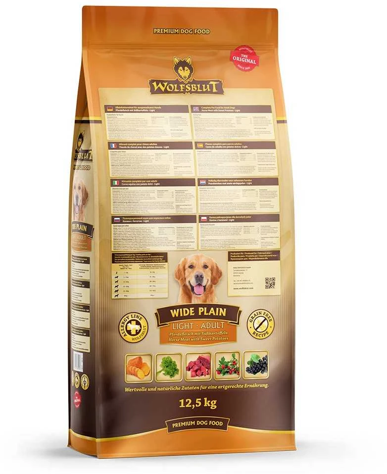 WOLFSBLUT Wide Plain Light Horse with sweet potatoes – sausas Maistas šunims – 12,5kg
