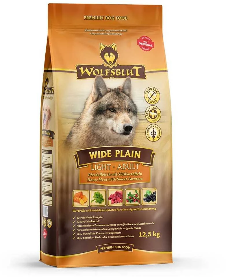 WOLFSBLUT Wide Plain Light Horse with sweet potatoes – sausas Maistas šunims – 12,5kg