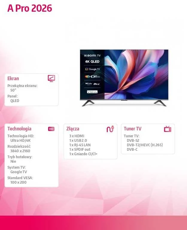 Televizorius Xiaomi QLED TV A Pro 2026 50" 4K UHD