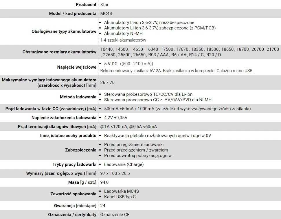 Xtar kroviklis do akumulatorów cylindrycznych li-ion mc4s