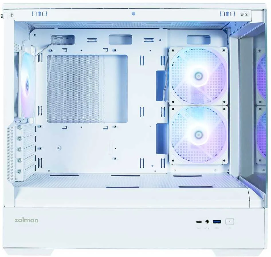 Zalman P30 V2 Baltas micro-ATX grūdinto stiklo panoraminis vaizdas 3 x 120 mm ARGB ventiliatorius