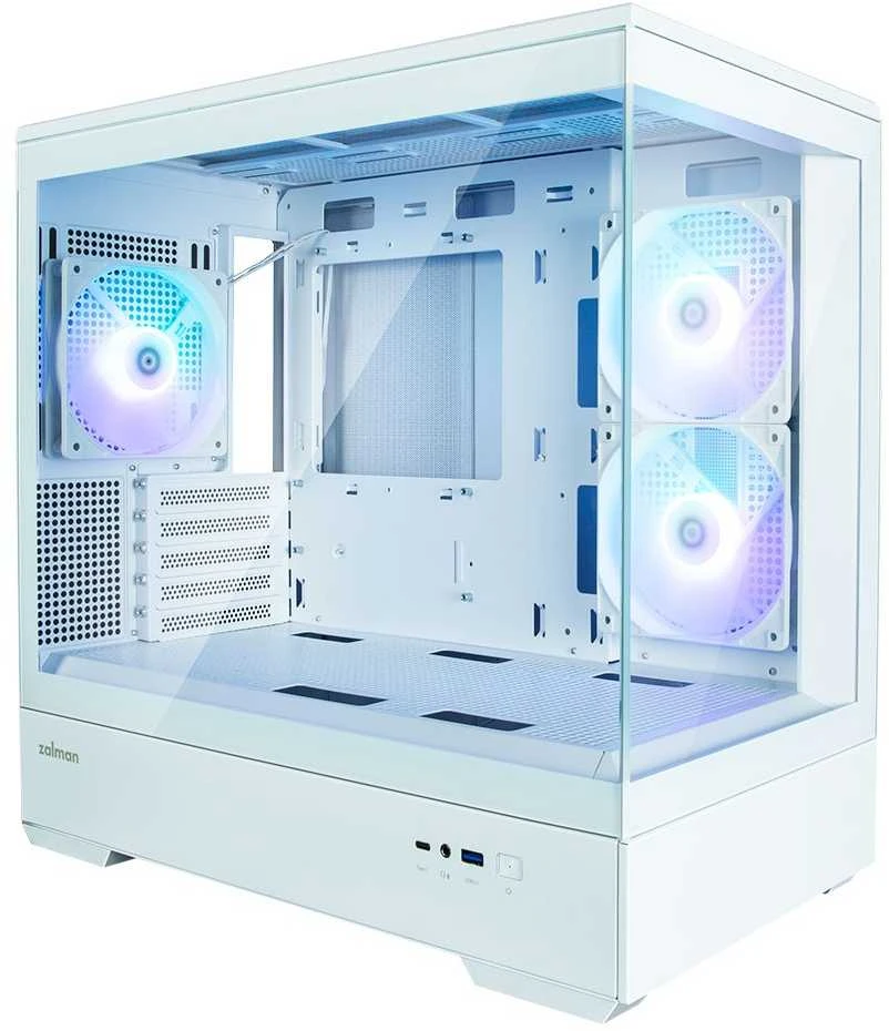 Zalman P30 V2 Baltas micro-ATX grūdinto stiklo panoraminis vaizdas 3 x 120 mm ARGB ventiliatorius