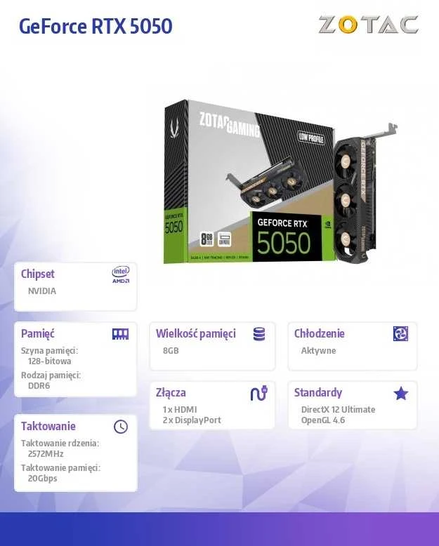 Vaizdo plokštė ZOTAC GAMING GeForce RTX 5050 žemo profilio, 8192 MB GDDR6