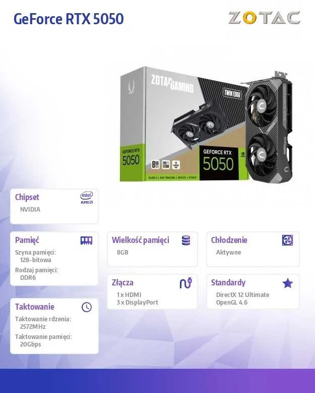 Vaizdo plokštė Zotac ŽAIDIMŲ VAIZDO KARTOGRAMA „GeForce RTX 5050 Twin Edge“ NVIDIA 8 GB GDDR6