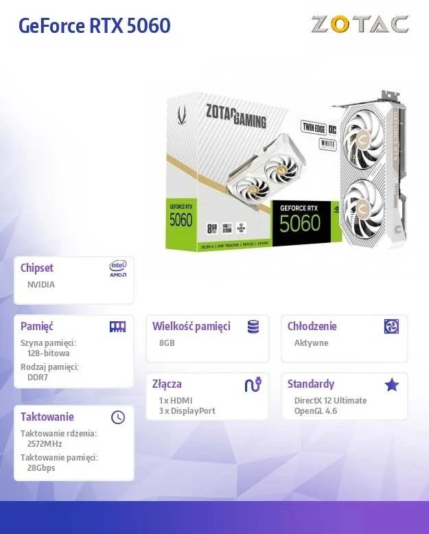 Vaizdo plokštė „Zotac GAMING GeForce RTX 5060 Twin Edge OC Baltas Edition“ NVIDIA 8 GB GDDR7