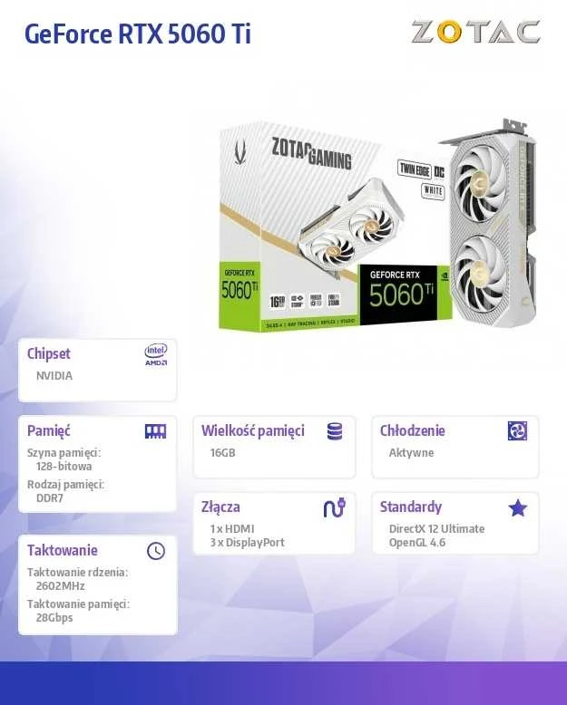 „Zotac“ žaidimų vaizdo plokštė „GeForce RTX 5060 Ti Twin Edge OC“, balta