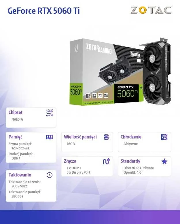 Zotac Vaizdo plokštė geforce rtx 5060 ti 16gb twin edge oc gddr7 128bit 3dp/hdmi
