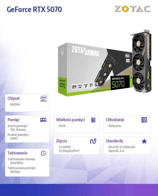 Vaizdo plokštė Zotac GAMING GeForce RTX 5070 SOLID OC NVIDIA 12 GB GDDR7