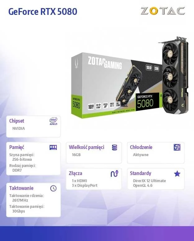 Vaizdo plokštė ZOTAC GAMING GeForce RTX 5080 SOLID CORE (ZT-B50800D2-10P)