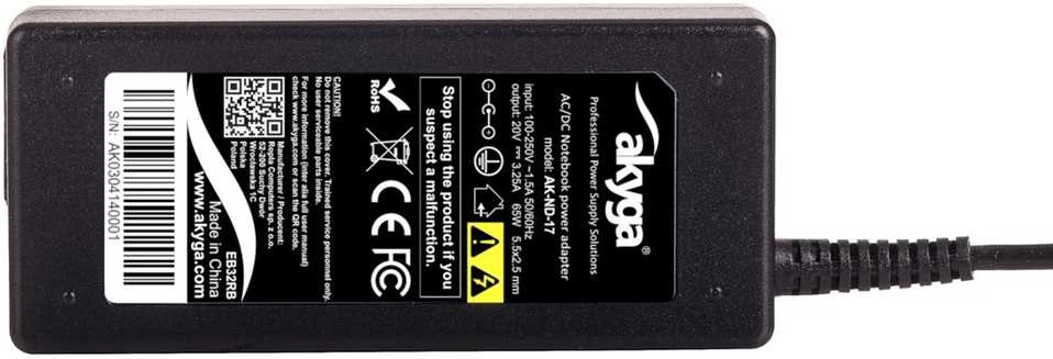 Maitinimo šaltinis sieciowy akyga ak-nd-17 do notebooka compaq, fujitsu, hp, toshiba (20 v; 3,25 a; 65w; 5.5 mm x 2.5 mm)