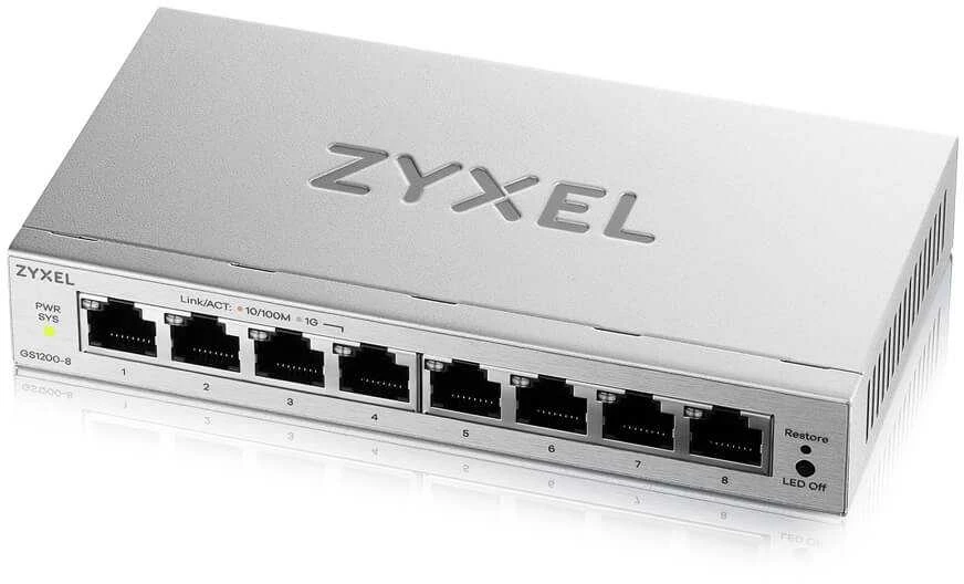 Šakotuvas „Zyxel GS1200-8V3“ valdomas L2 gigabito eterneto (10/100/1000) darbalaukio tinklas su pilkomis plokštėmis