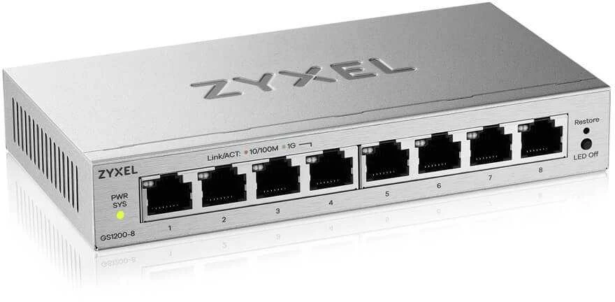 Šakotuvas „Zyxel GS1200-8V3“ valdomas L2 gigabito eterneto (10/100/1000) darbalaukio tinklas su pilkomis plokštėmis